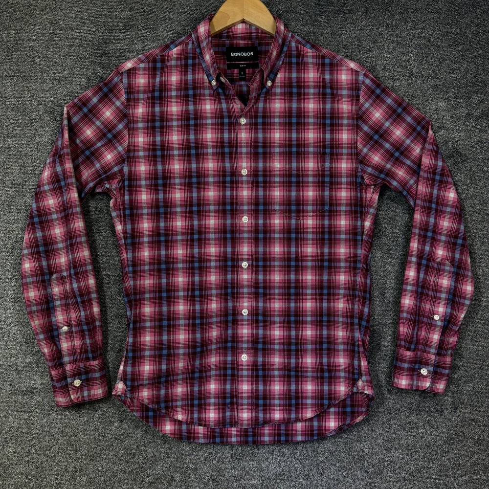 Bonobos Slim Fit Button Down Shirt Mens S Pink Purple Blue Plaid Cotton
